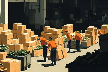 Small workers loading massive boxes of produce into a large market