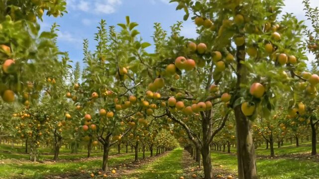 Apple orchard trees bearing ripe golden fruit in neat rows under clear sky seamless looping 4k time-lapse animation video background. Agriculture concept