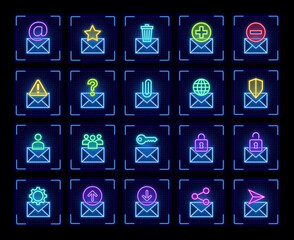 Email symbol set, cyber neon visual, glowing border grid vector.