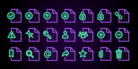 Web documents files symbol set, cyber neon visual.