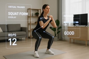Virtual Trainer Interface Showing Squat Form Overlay, Repetition Count, and Intensity Meter for Home Workout Session
