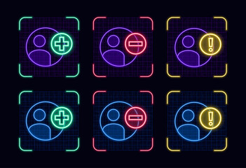 User add remove icons symbol set, cyber neon visual, glowing border grid vector.