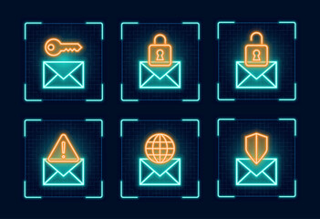 Web mail security symbol set, cyber neon visual, glowing border grid vector.