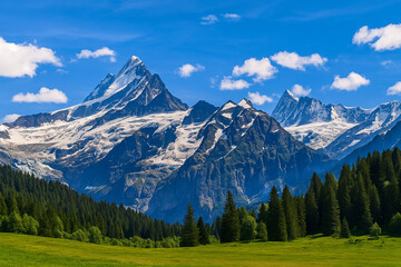 Obraz premium Majestic Swiss Alps Snowcapped Peaks, Lush Green Valley, Sunny Day