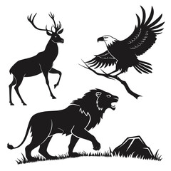 Black silhouette depicts a deer, an eagle on a branch, and a lion on grass, transparent background