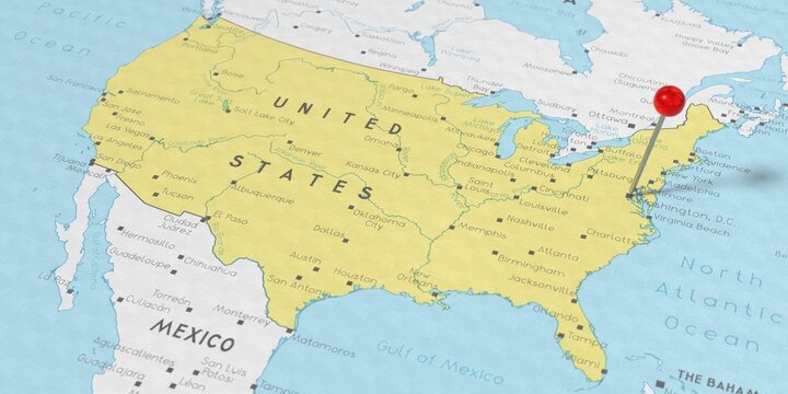 United States of America, Washington D.C. - push pin on political map - 3D illustration