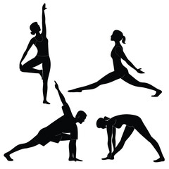 Black silhouette of various yoga poses performed by two women and one man clearly displayed