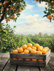 A wooden box with ripe oranges stands on the table