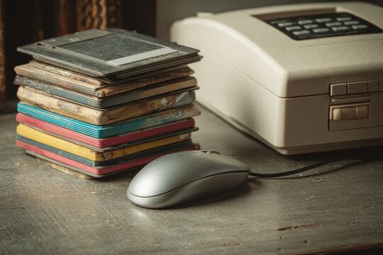 Stacked floppy disks sit near a mouse and phone on a wood-grain surface