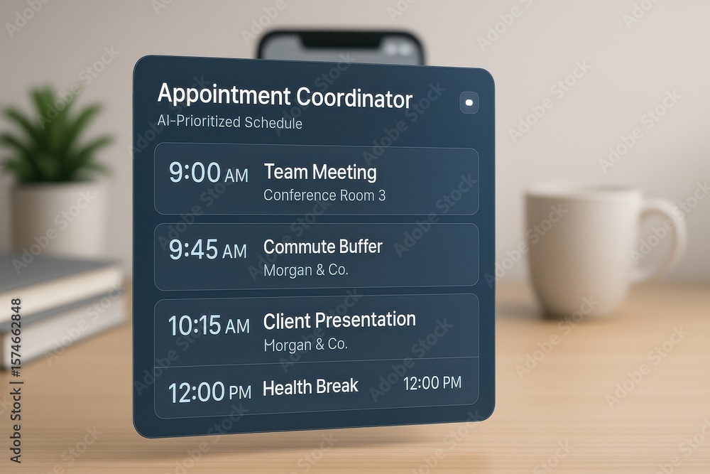 Poster ai appointment coordinator interface displaying prioritized daily schedule with meeting, commute, an