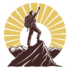 Hiker on a mountaintop raises his hand in victory as he conquers nature's challenge
