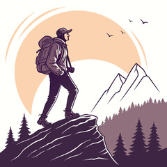 Male backpacker explores mountain scenery, gazing afar while standing on rocks with distant birds flying