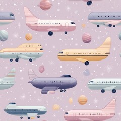 Colorful Airplane Pattern with Planets and Stars on Purple Background