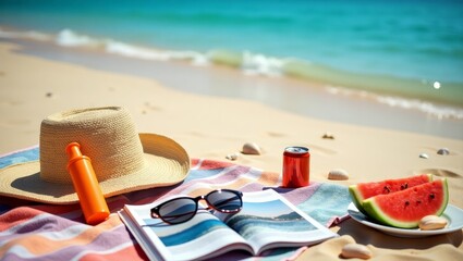 Overhead view of a relaxing beach scene, including sun glasses, sun hat and coke with magazine
