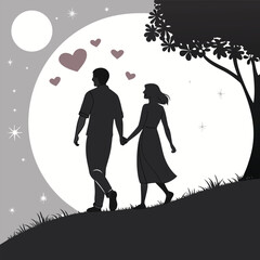 Man and woman silhouettes walk under the moonlight holding hands near a shadowy tree