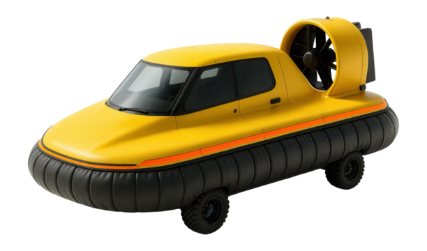 Rescue hovercraft with bright yellow body and enclosed cockpit