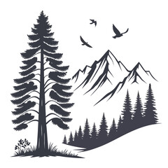 Pine tree and mountain silhouette with birds flying create a nature themed scene; transparent background
