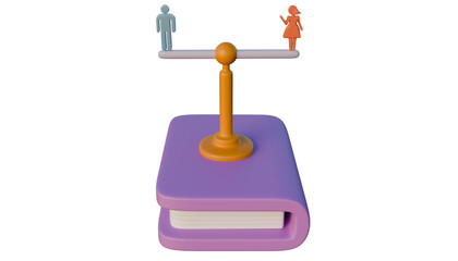 Equality concept with man and woman on balanced scale atop book. Suitable for gender equality or educationrelated themes. Gender equality illustration. 3D Rendering