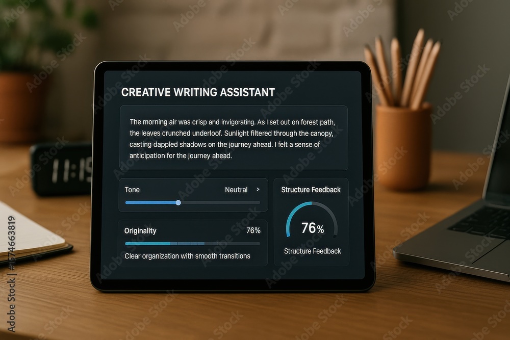 Poster creative writing assistant interface displaying text feedback, tone analysis, and structure suggesti