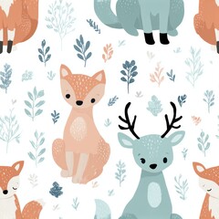 Fototapeta premium Cute Animal Patterns with Foxes, Deer, and Botanical Elements