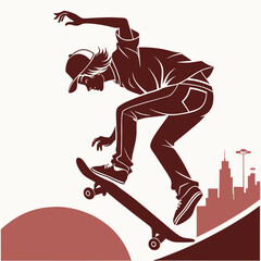 Silhouette depicts a young skater doing a trick; urban background with skyline completes the image