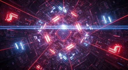 Abstract Cybernetic Network Tunnel with Glowing Neon Lights and Digital Patterns