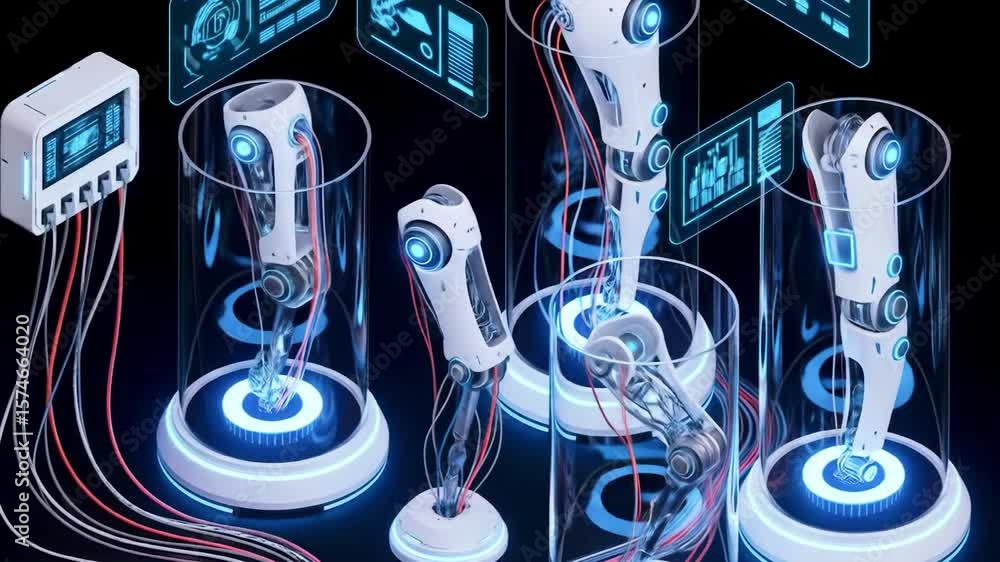 Aufkleber futuristic robotic arms in transparent containers, showcasing advanced technology in a lab setting