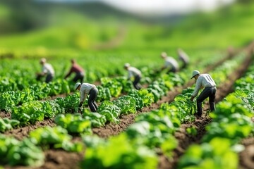 Tiny farmers planting rows of giant vegetables in a sprawling field