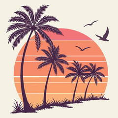 Silhouette palm trees stand by the shoreline as birds fly past retro sunset