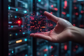 Futuristic Hand Holding Digital Data Cube in Server Room Environment