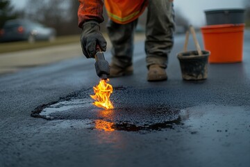 Worker Repairing Road Surface with Flame in Cold Weather Conditions