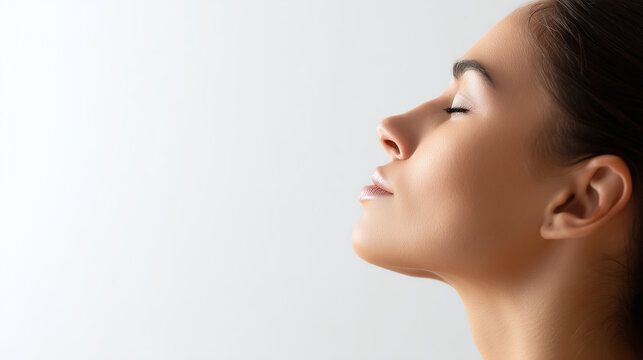 Close up woman face profile eyes closed calm relaxation skin beauty peaceful serene female young natural healthy side view portrait breathing mindfulness wellness spa meditation tranquil smooth - Powered by Adobe
