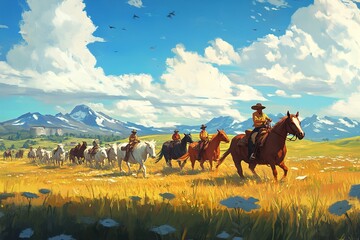 Tiny farmers riding large horses to herd cattle on a massive ranch