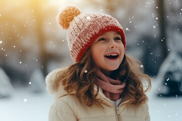 Cheerful girl laughing and having fun during snowfall, expressing joy and excitement in winter landscape