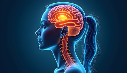 A silhouette of a woman with a highlighted human brain and spine