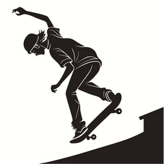 Silhouette shows skater performing a trick while wearing helmet and glasses on white background