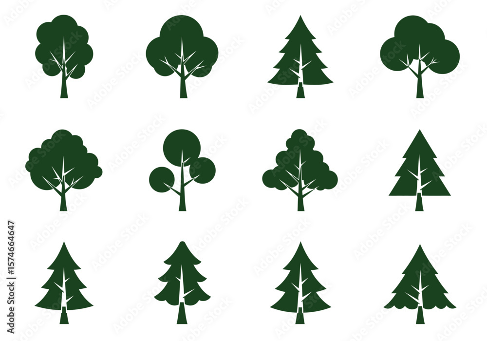 Poster collection of dark green tree icons with various shapes and styles.