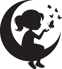  Cute Girl Silhouette on Crescent Moon with Butterflies, Dreamy Night Scene, Kids Illustration for Nursery Decor