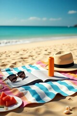 Overhead view of a relaxing beach scene, including sun glasses, sun hat and coke with magazine