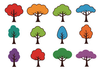 Collection of Colorful Cartoon Trees with Brown Trunks and Varied Crown Shapes.