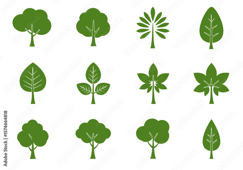 Aufkleber collection of green tree icons with various leaf shapes and trunk styles.