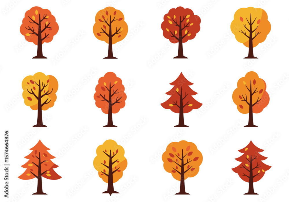 Poster collection of stylized autumn trees with colorful foliage and simple design elements.