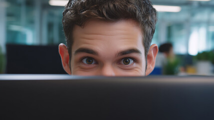 Young man with dark hair peeking over laptop screen in modern office environment, showing playful and curious expression with bright eyes