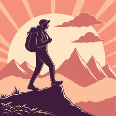 Silhouetted hiker with a backpack stands on a cliff overlooking mountains at sunset
