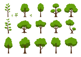 Collection of Stylized Green Trees with Brown Trunks and Varied Shapes 1.