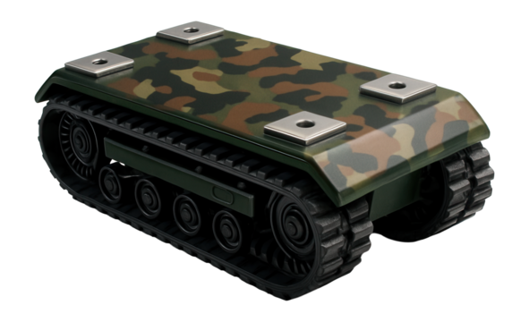 Heavy-duty tracked vehicle base with modular attachment points and camouflage paint