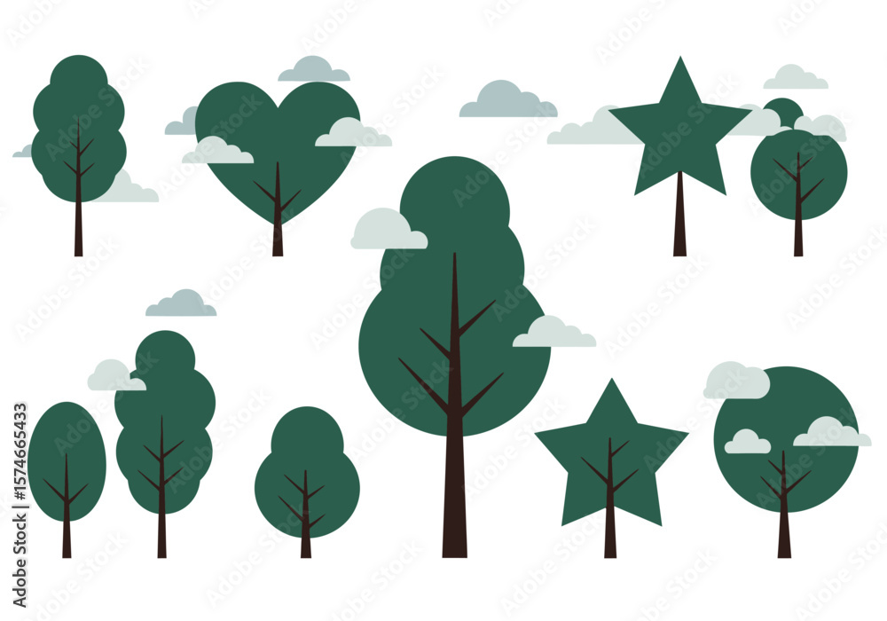 Poster collection of stylized green trees with various shapes and small clouds.
