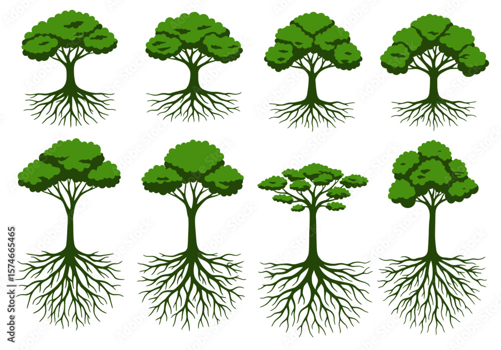 Poster collection of stylized green trees with visible root systems.