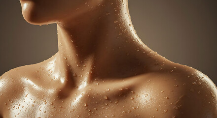 Close-up of graceful female neck and shoulders covered with drops of clear water on flawless skin. Abstract background with wet skin texture.