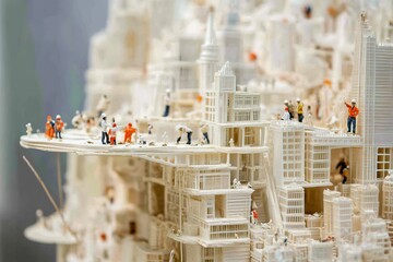 Tiny figures constructing a large, intricate model of a cityscape